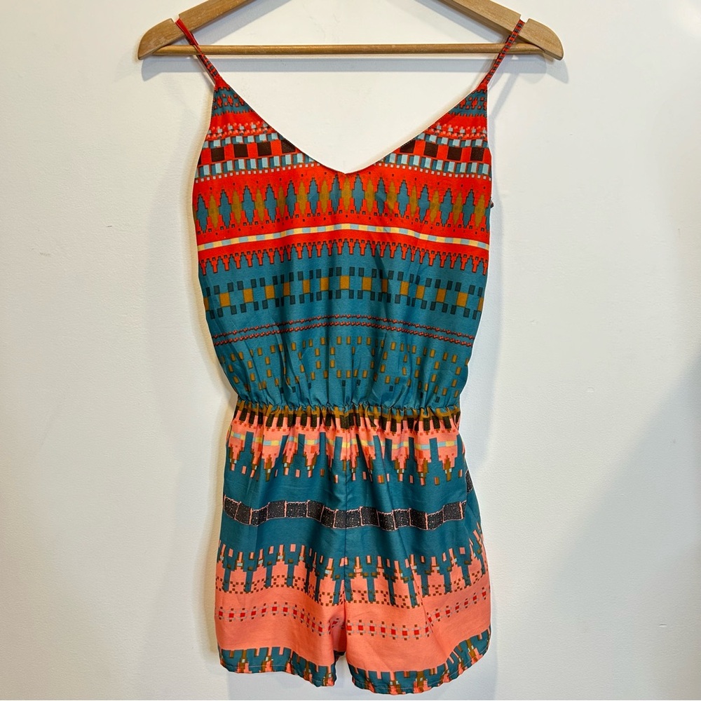 Zara Aztec Print Short Romper Coral Turquoise